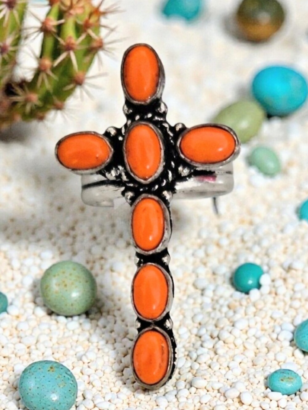 ORANGE SPINY OYSTER CROSS RING SIZE 7